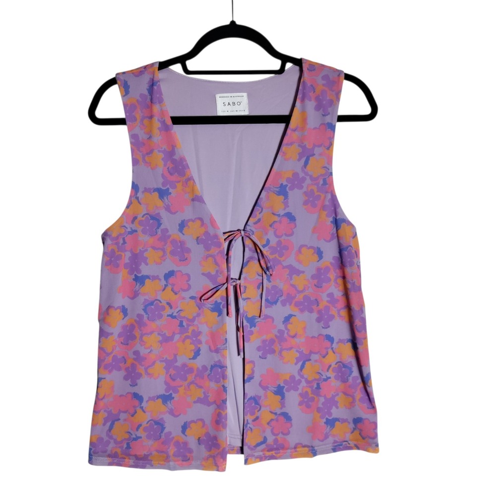 Sabo Skirt Floral Tie Front Vest‎ Purple Pink Orange Mesh Lined Top Size M USA 6